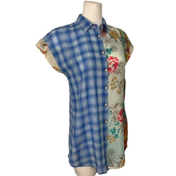 Johnny Was 3J Workshop Blouse S Blue Plaid Floral Silk Blend - Picture 4 of 13
